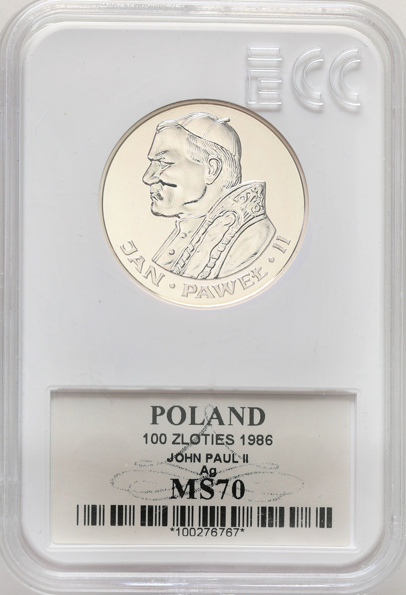 PRL. 100 złotych 1986 Papież Jan Paweł II, stempel zwykły GCN MS70 - RZADKIE